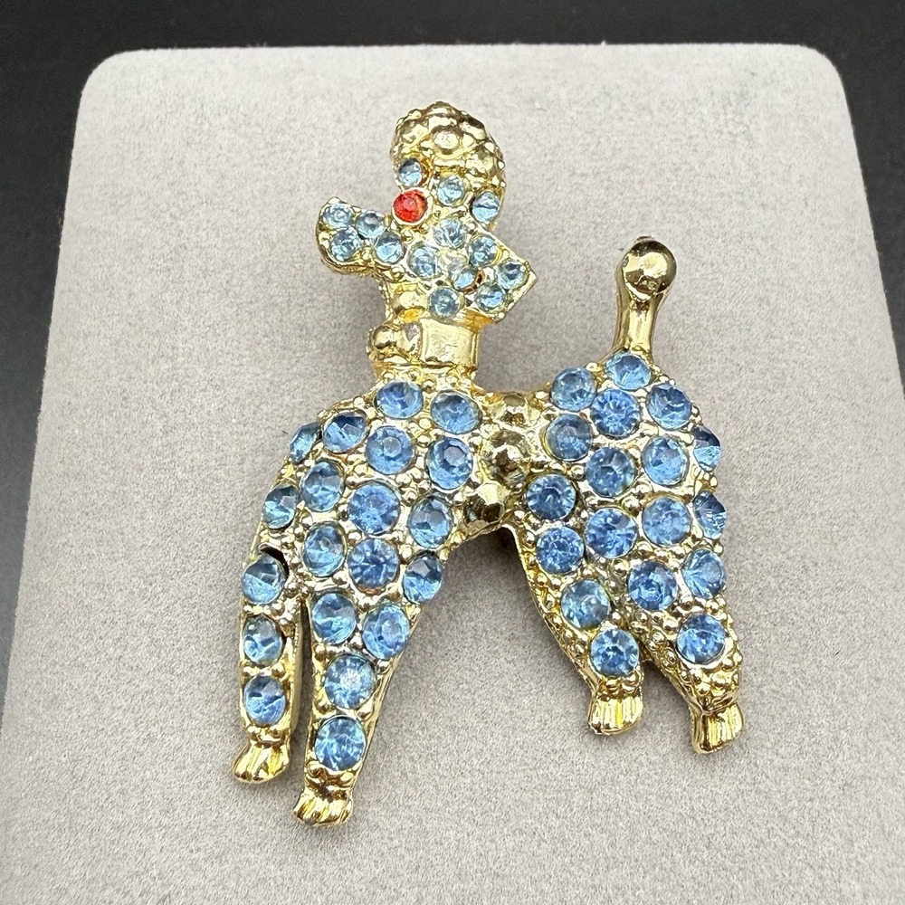 Vintage Blue Crystal Rhinestone French Poodle Dog Brooch Gold Tone Figural Pin